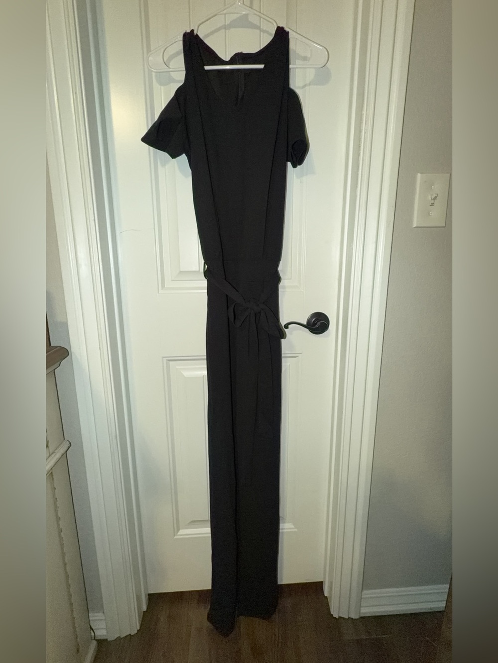 Black Cold-Shoulder Jumpsuit with Waist Tie